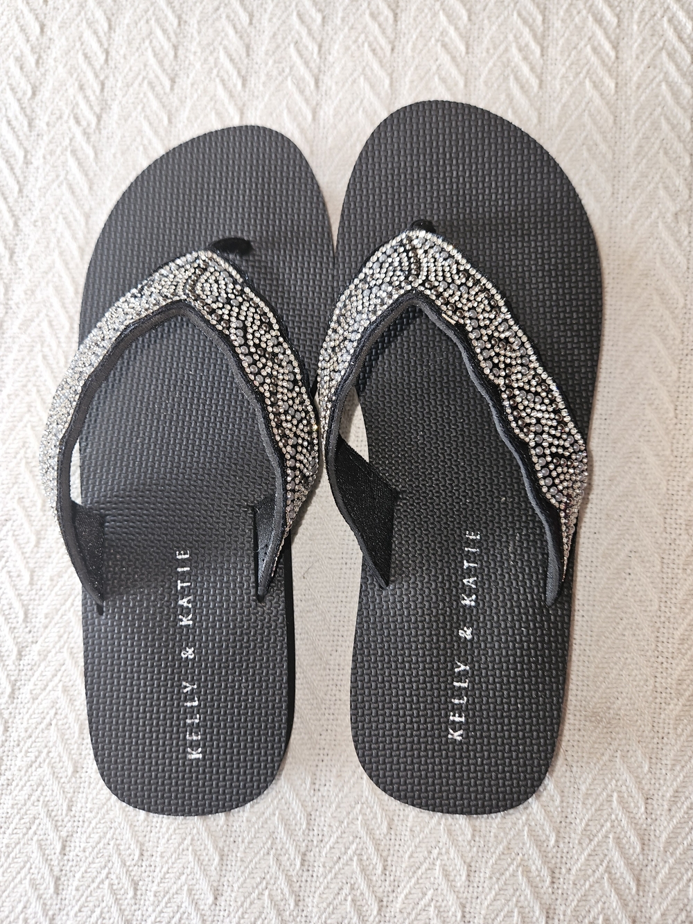 Embellished Black Flip Flop Sandals - Kelly & Katie